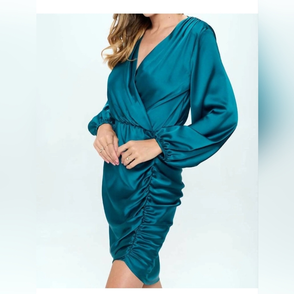 Renee C- Stretch Satin Dress with Ruched Asymmetrical Hem-Large